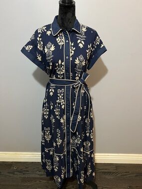 Navy Floral Tie-Waist Shirt Dress